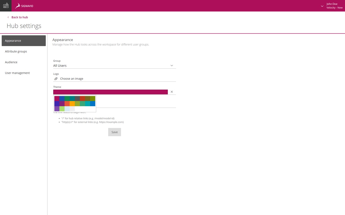 SignaVio协作集线器 - 外观设置屏幕