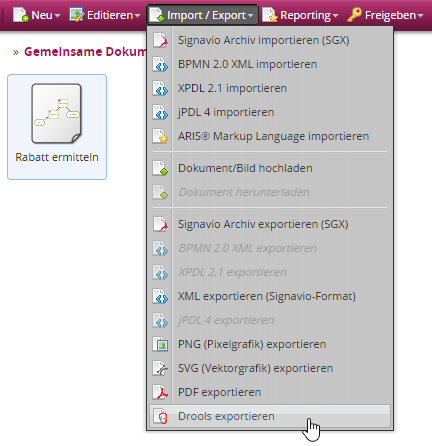 Wählen锡耶埃因臭虫Mehreere diagramme aus und gehen sie auf“进出口” - “drools exportieren”。